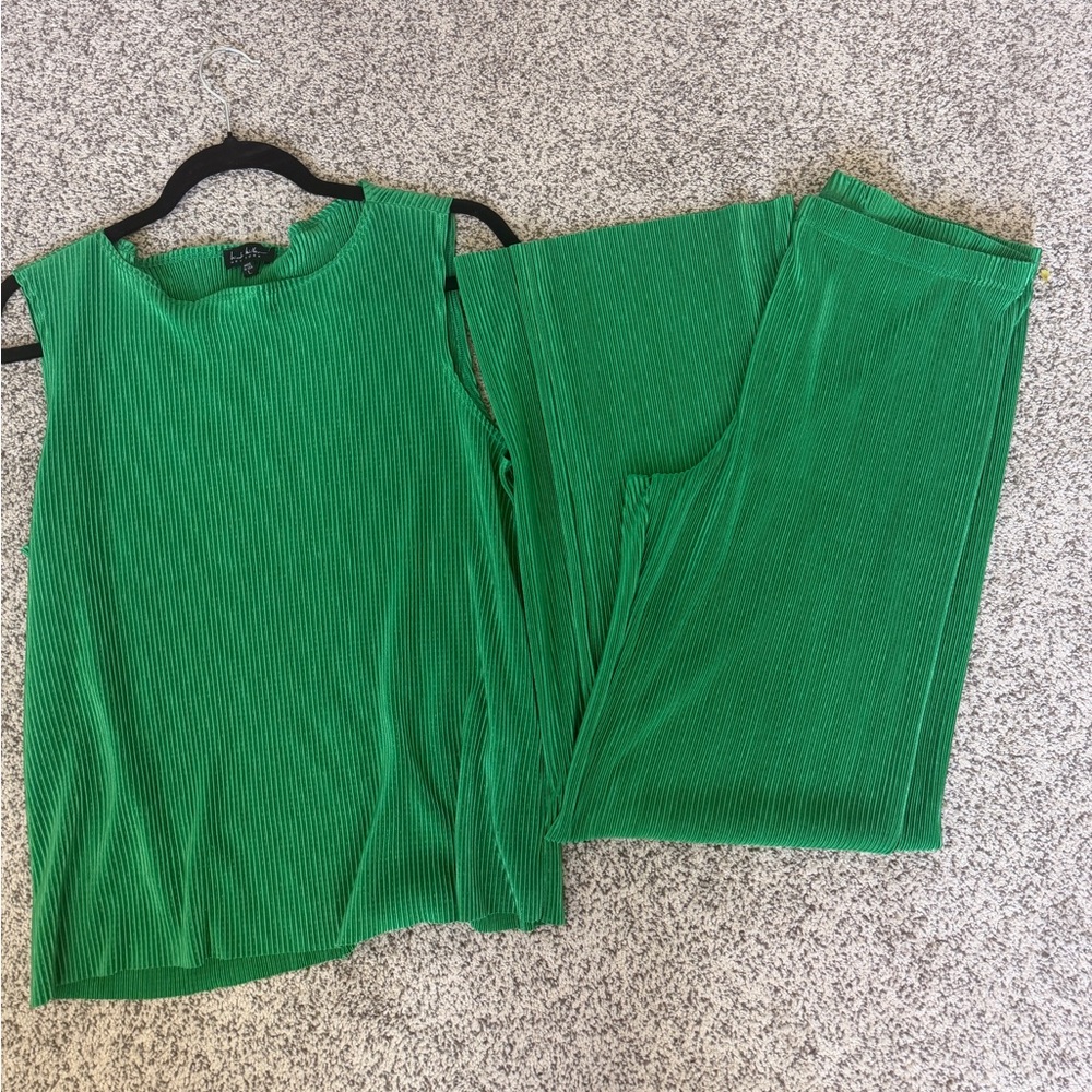 Nicole Miller Emerald Green Ribbed Sleeveless Top & Wide-Leg Pants size L